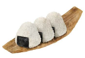 竹の皮に載せたおにぎりの水彩画イラスト