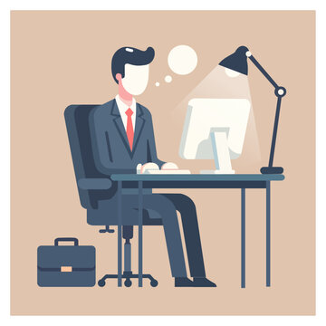 A man sitting in front of a computer at work or job. vector art