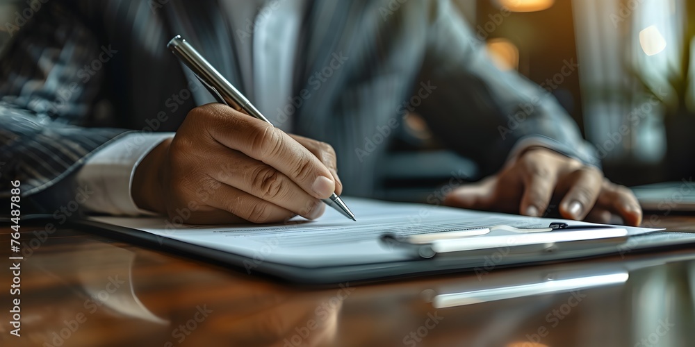 Aufkleber signing a digital document on a tablet for modern business agreements and contracts with copy space
