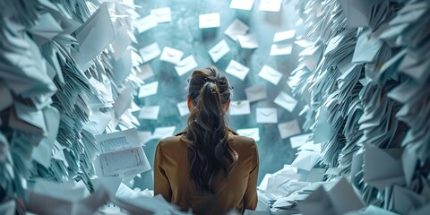 Thoughtful woman sorting through a sea of business emails and documents,navigating the communication flow and data overload in a corporate office