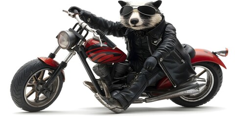 Badger Biker Riding Motorcycle on Roadway with White Backdrop and Copy Space