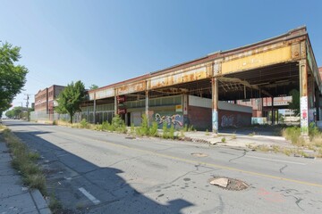 A deserted building stands next to a road, showing decay and neglect in an urban landscape
