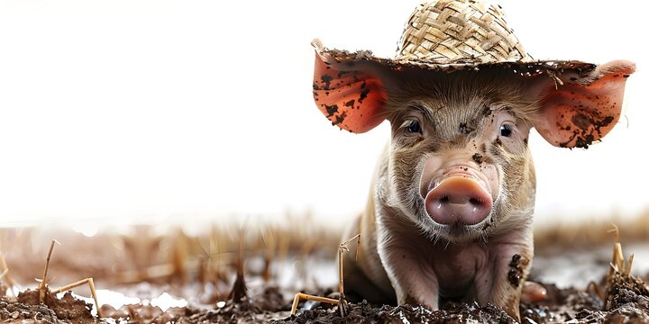 Charming Farmyard Pig in Straw Hat Amid Muddy Crops on Pristine White Background