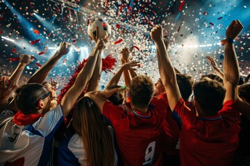 A joyful group of people holding a soccer ball and cheering amidst confetti, celebrating a victory...