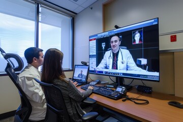 A man and a woman are sitting in front of a computer, engaging in a telemedicine consultation with healthcare providers remotely