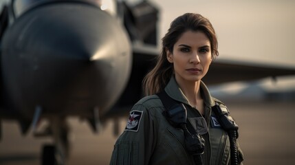 Fototapeta premium Military fighter jet woman pilot portrait, half body, copyspace
