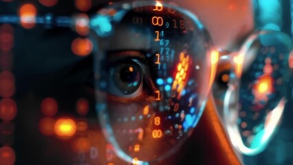 Intense concentration can be seen on the face of a cybersport player as they strategize their next move in the Binary Dimensions Combat. The glowing numbers and symbols on