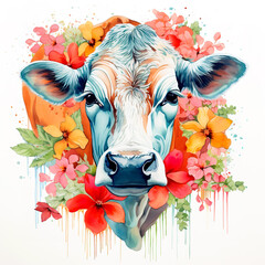 A cow head and beautiful tropical flowers on clean background. Mammals. Farm animals. Illustration, Generative AI.