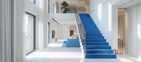 A modern and sleek blue staircase in a building, leading up to the second floor with no obstacles in sight - obrazy, fototapety, plakaty