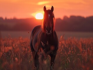 Silhouette of a horse, wild spirit against a setting sun - obrazy, fototapety, plakaty