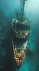 Sunken pirate shipwrecks beneath the ocean waves, hidden treasures