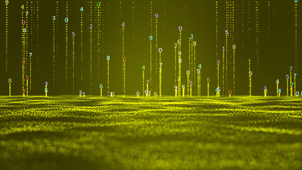 Digital Rainfall in number Cyberspace: yellow color A Visualization of Abstract Data Flow animation particle background.