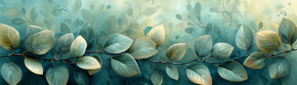 Teal leaves, botanical illustration with a splash of color