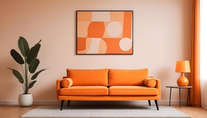 Minimalist, retro, contemporary composition of living room. tone on tone. orange 