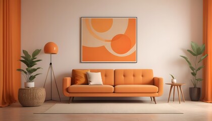 Minimalist, retro, contemporary composition of living room. tone on tone. orange 