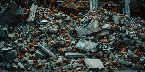 Postwar rubble backdrop in aftermath of conflict illustrating devastation and suffering. Concept War aftermath, Devastation, Postwar rubble, Suffering, Conflict effects