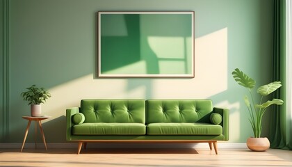 Minimalist, retro, contemporary composition of living room. Green tone.