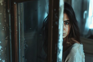 Intense gaze of a woman through a frosted window suggests a story untold and intrigue.

