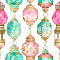 Watercolor pattern with Moroccan lanterns on a white background