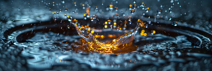 Close-up of Water Splashing Around a Street Drain,
A droplet falling onto a calm water surface - obrazy, fototapety, plakaty