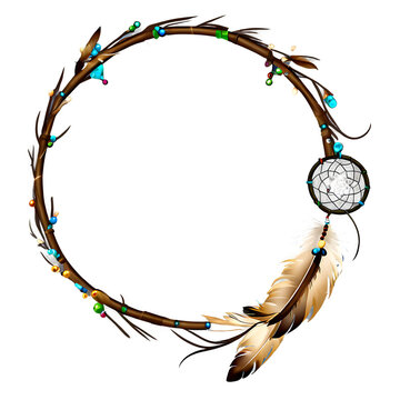 Tribal dreamcatcher wreath border with feathers and beads Transparent Background Images 