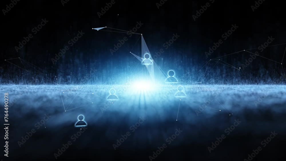Poster digital connected people icons on dark blue shining background loop animation.