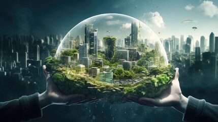 Sustainable environment concept. The image depicts human thinking towards preserving nature, reducing carbon footprint and building sustainable urban community for green future - obrazy, fototapety, plakaty