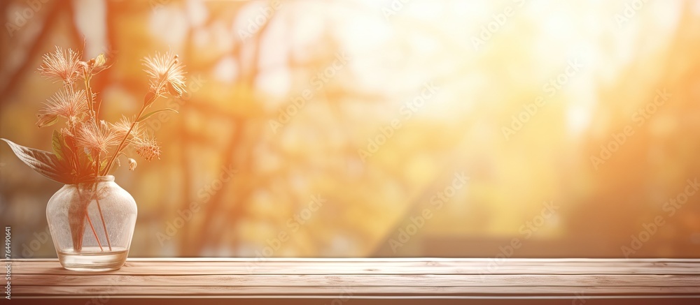 Poster an image displaying a detailed view of a vase containing colorful flowers placed on a rustic wooden 