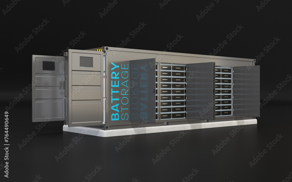 Poster containerized battery energy storage concept. doors opened. storage batteries on racks. generic desi