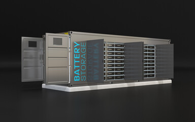 Containerized Battery Energy Storage concept. Doors opened. Storage batteries on racks. Generic design. 3D rendering image.