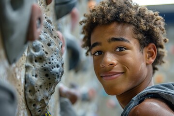 Determined teenager in gym class, climbing rock wall, inspiring effort clean sharp focus