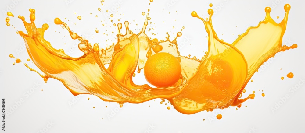 Poster vibrant orange juice splashing and dispersing on a clean, white background, creating dynamic pattern