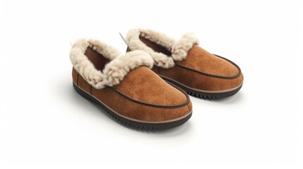 pair of cozy sheepskin moccasin slippers, with plush lining and flexible suede uppers, perfect for lounging at home against a clean white background
