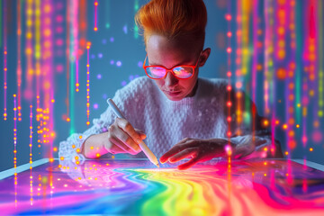 Businesswoman using tablet and glowing pen drawing a flowing rainbow pop from tablet screen