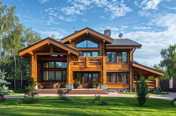Fototapeta na wymiar A beautiful two-story wooden house with panoramic windows, a green lawn and trees in front of the entrance, bright colors in modern style