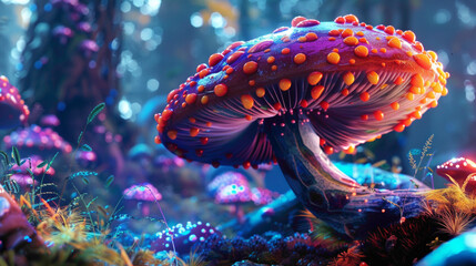Mushrooms in the forest. Mushroom. Fantasy glowing mushrooms in mystery dark forest closeup view.
