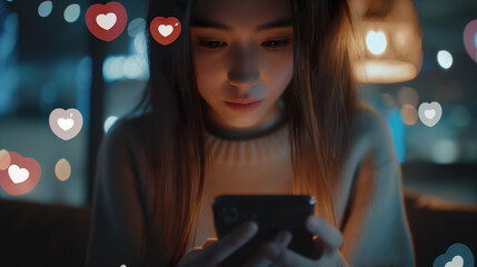 Close-up Beautiful girl sits and answers chat on mobile phone with social media icons