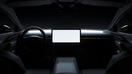 Interior of a EV car with a white screen - obrazy, fototapety, plakaty