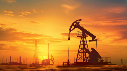 Illustration of oil pump silhouetted against sunset