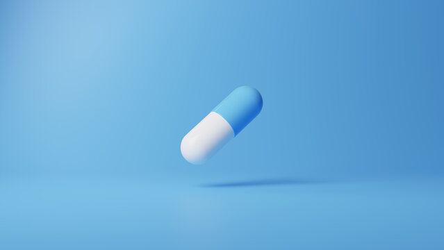 青背景に青と白のカプセル。錠剤。3D（横長）
