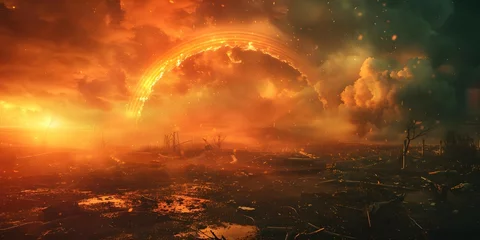 Poster Cratered landscape with scattered rainbows acid and sun explosions everywhere destruction. Concept Dystopian Future, Apocalyptic Scene, Sci-Fi Chaos, Post-Apocalyptic Wasteland, Colorful Destruction © Ян Заболотний