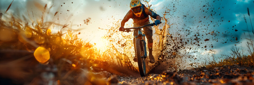 Dynamic Image of a Cyclist in Action Splashing,
A man riding a mountain bike in a forest
