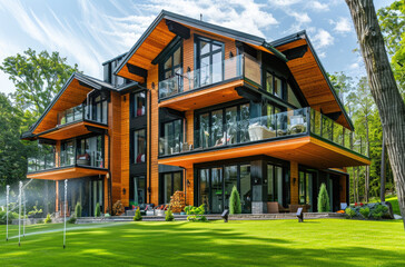 Fototapeta na wymiar A beautiful two-story wooden house with panoramic windows, a green lawn and trees in front of the entrance, bright colors in modern style