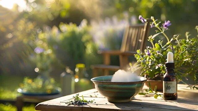 In a tranquil garden a bowl of steaming herbal tea sits on a wooden table next to a bottle of essential oils. The aromas of eucalyptus lavender and peppermint mingle in the