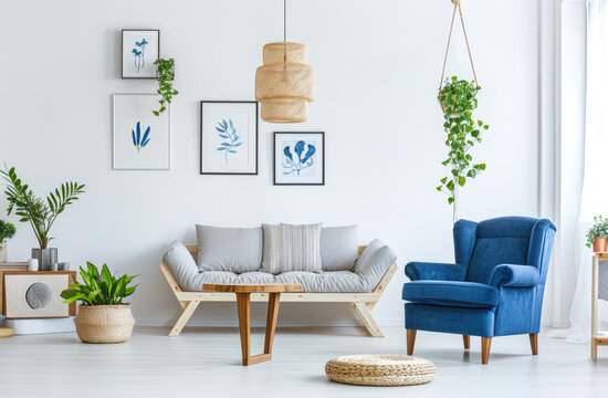 A bright living room with white walls, a blue armchair and sofa on the right side of the frame, a wooden coffee table in front of it, a hanging pendant light above the chair, some framed pictures