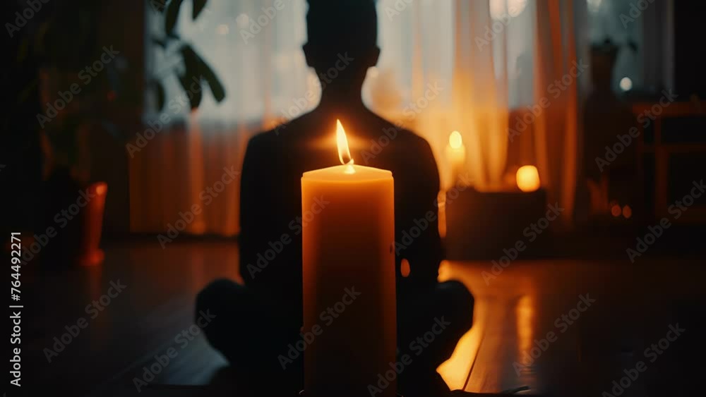 Poster a single lit candle provides the only source of light in a dark room. a person sits in front of it t
