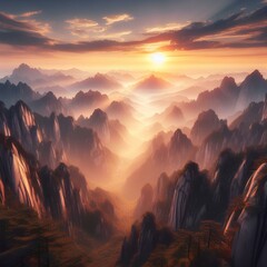  Panoramic view of Huashan National Park mountain landscape at sunset, China. - obrazy, fototapety, plakaty
