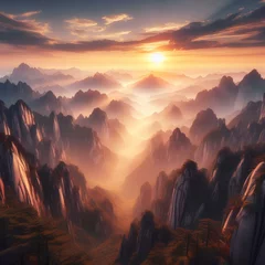 Selbstklebende Fototapeten  Panoramic view of Huashan National Park mountain landscape at sunset, China. © Lab