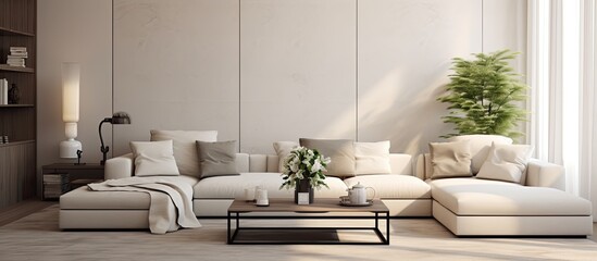 A modern living room with a stylish white couch and a wooden coffee table, creating a cozy and inviting atmosphere