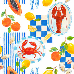 Beautiful seamless Summer Vacation Seamless pattern. Greek pattern with sardines, lemon, oysters, mussels, papaya, lobster and crab. Mediterranean bright print. Greek style. - 764492679